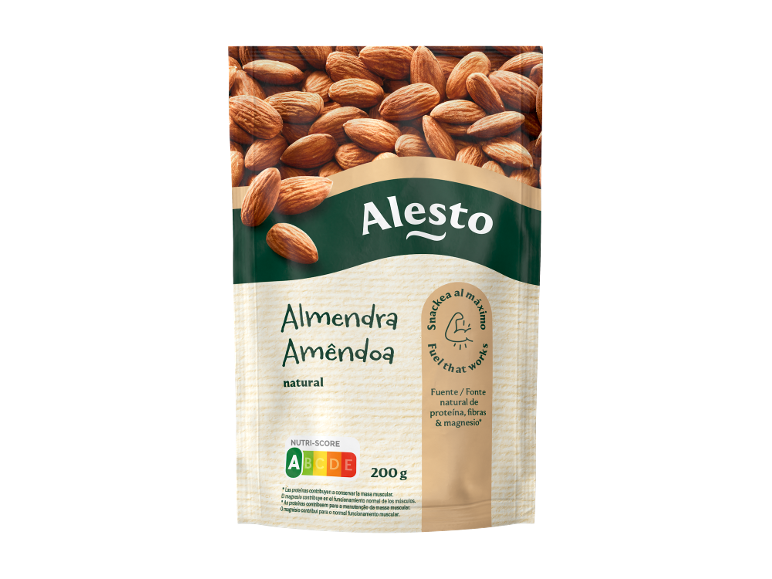 Saco de amêndoas naturais com rótulo Nutri-Score A e peso de 200 g.