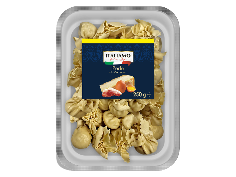 Tabuleiro de massa fresca, Perle alla Carbonara, com ingredientes e peso de 250g.