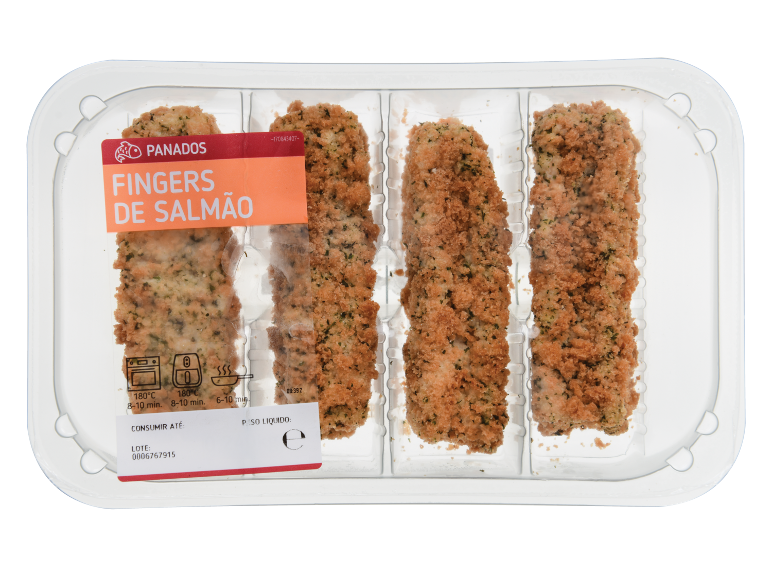 Embalagem de panados de salmão com instruções de cozedura.