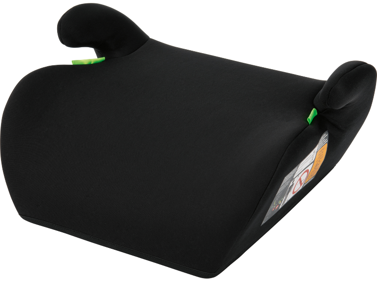 Assento elevatório preto para crianças com guias de cinto verdes.