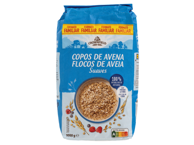 Embalagem familiar de flocos de aveia, 100% integrais, ricos em fibra.