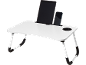 Mesa de cama dobrável branca para portátil com tablet, telefone e suporte para copo.