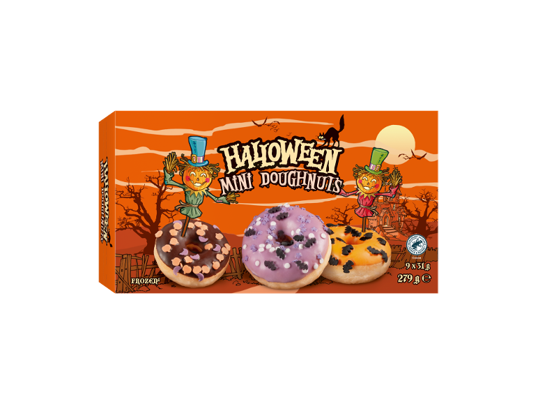 Caixa de mini donuts de Halloween com ilustração de espantalho, donuts de chocolate, roxos e laranja vidrados.
