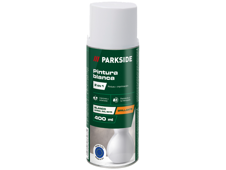 Tinta spray branca 2 em 1 para interior e exterior, 400 ml.