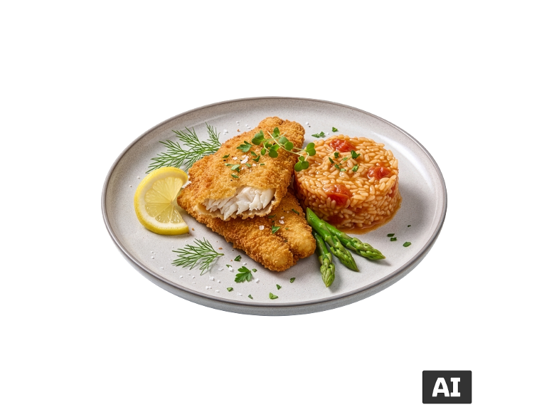 Peixe panado com arroz orzo, espargos e limão num prato.
