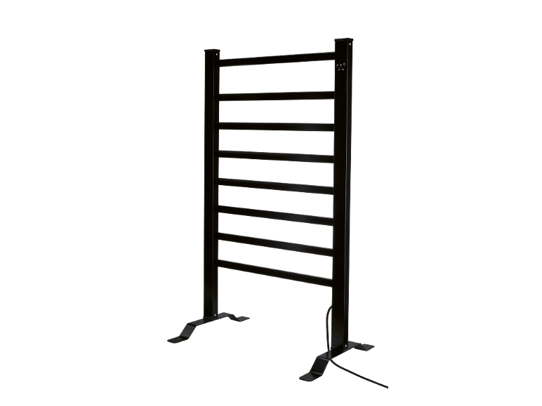 Toalheiro elétrico preto de pé com temporizador de 2h/24h.