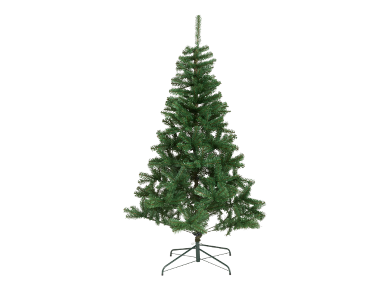 Árvore de Natal artificial com agulhas verdes e base de metal.