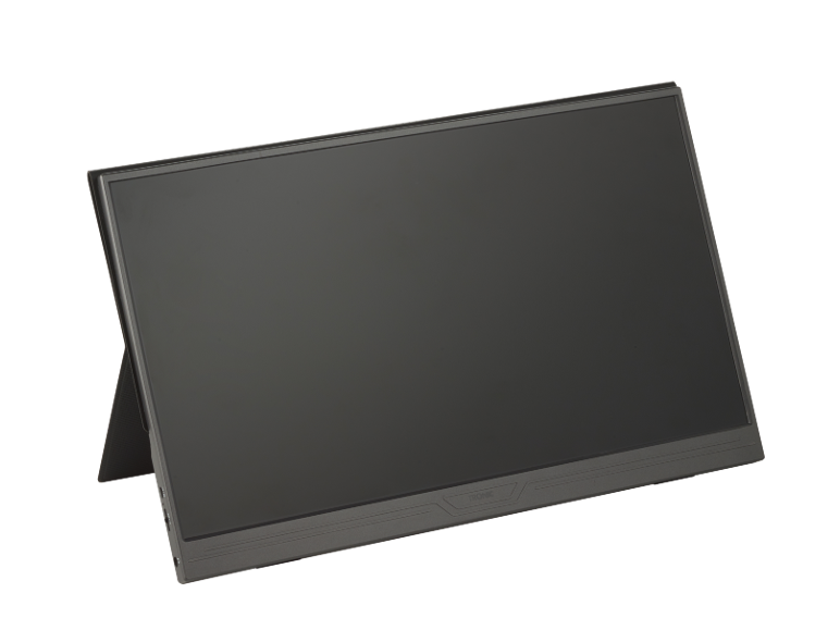 Monitor portátil preto com suporte integrado, ecrã desligado.