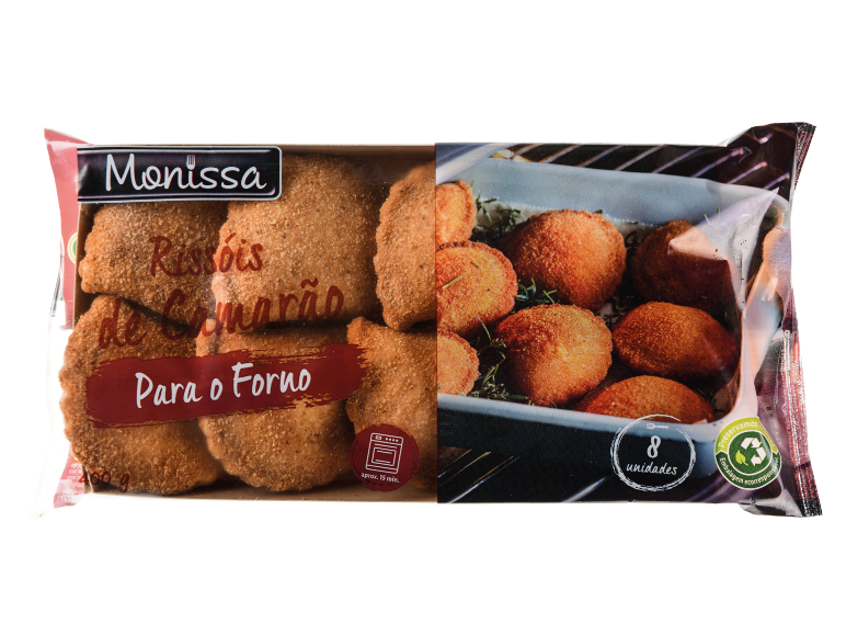 Rissóis de Camarão Monissa para o Forno, 8 unidades, aprox. 15 min. tempo de cozedura.