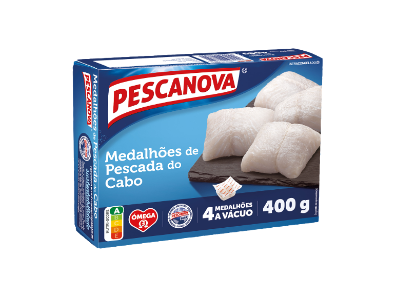 Medalhões de pescada ultracongelados de 400g com Nutri-Score A e Ómega 3.