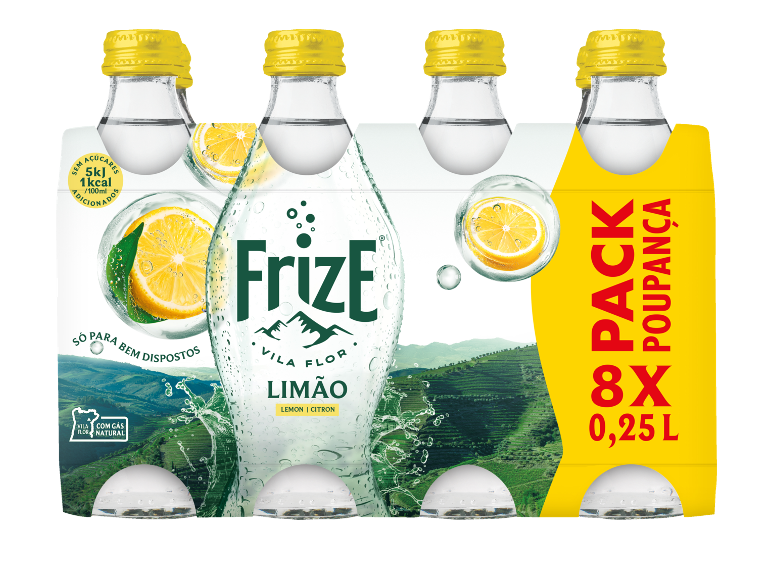 Pack de 8 garrafas de água com gás sabor limão, 0,25L cada.