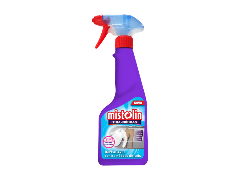 Frasco de spray roxo com tira-nódoas para roupa.