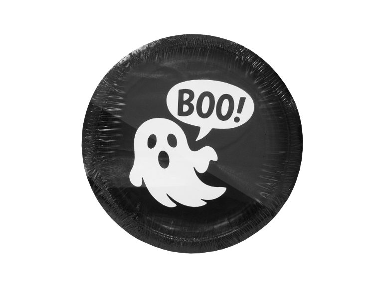 Prato de papel preto com um fantasma e o texto BOO! da HALLOWEEN