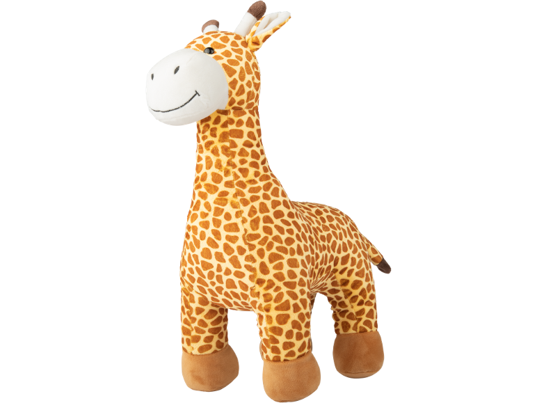 Peluche de girafa com manchas castanhas e bege, com um rosto sorridente.