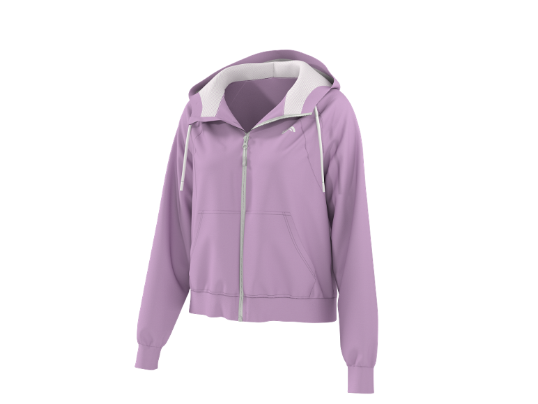 Casaco com capuz lavanda feminino com fecho e cordões brancos