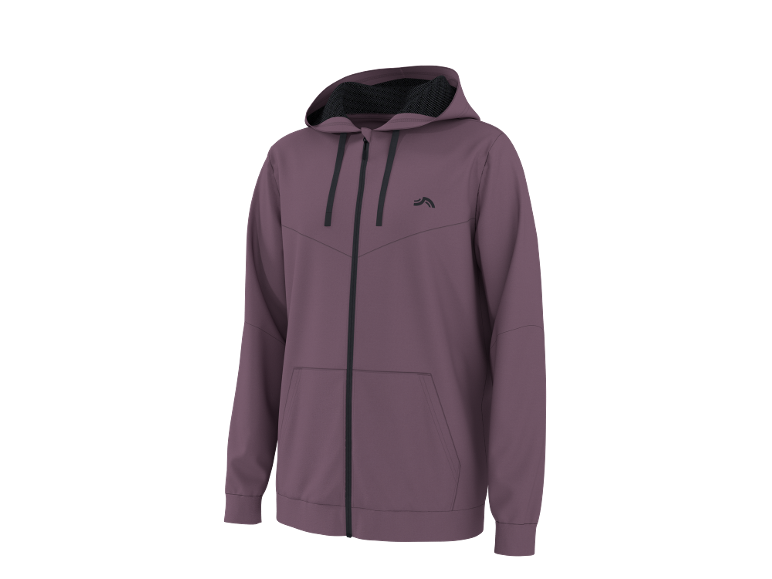 Casaco roxo com capuz e fecho, com um logótipo preto no peito.