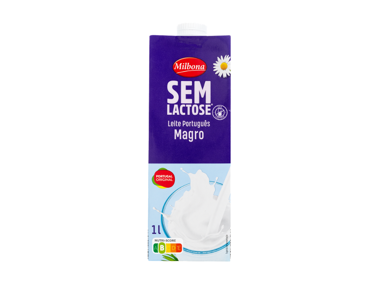 Embalagem de leite magro sem lactose de origem portuguesa com Nutri-Score B.