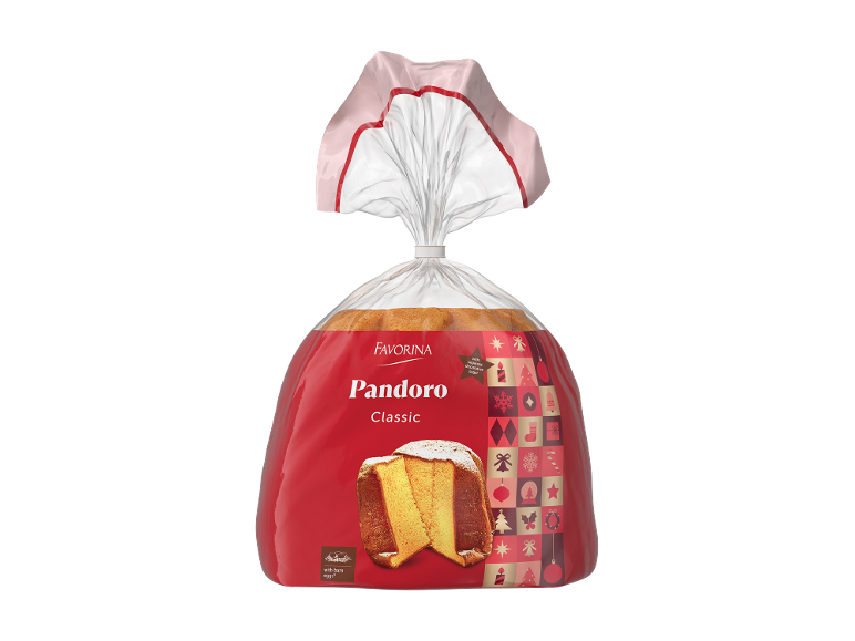 Bolo Pandoro em embalagem vermelha com motivos natalícios e uma fatia cortada.
