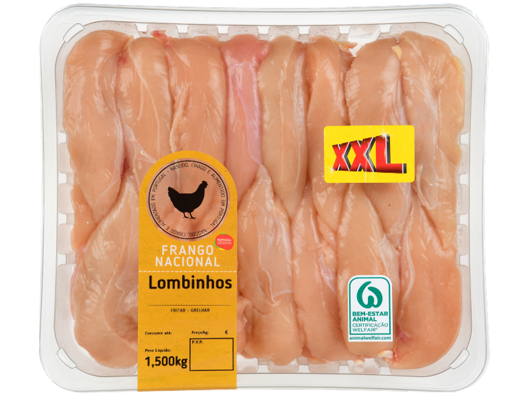 Embalagem de lombinhos de frango XXL, 1,5 kg, com a etiqueta 'Frango Nacional Lombinhos'.