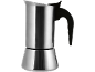 Cafeteira de aço inoxidável com pega preta.