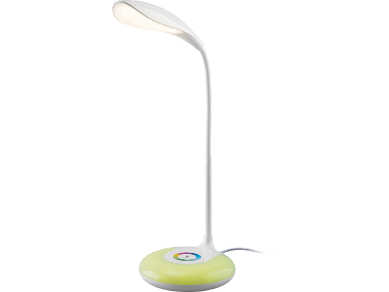 Candeeiro de mesa LED branco com base luminosa colorida e braço flexível.