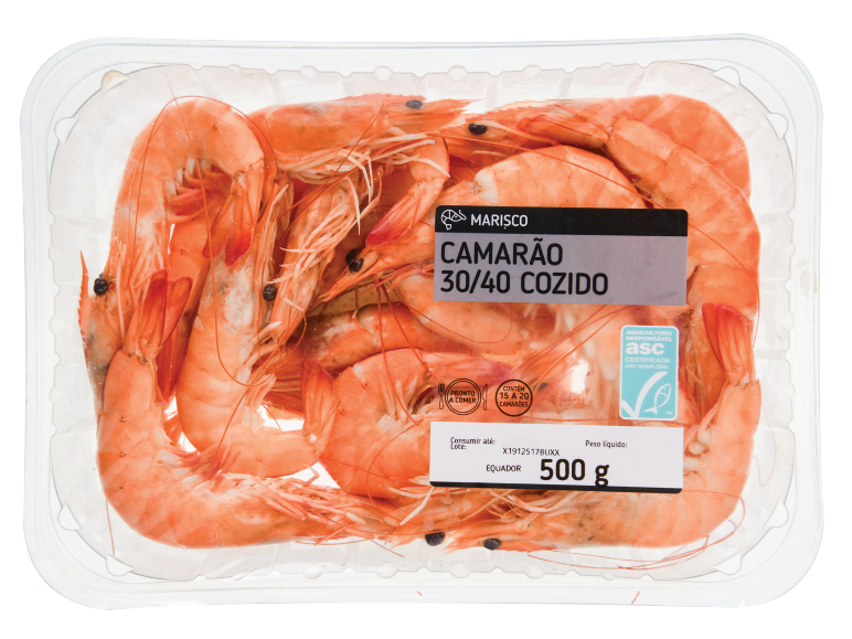 Embalagem de camarão 30/40 cozido, 500 g, com certificação ASC.