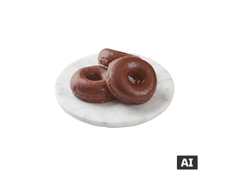 Três donuts com cobertura de chocolate numa travessa de mármore branco.