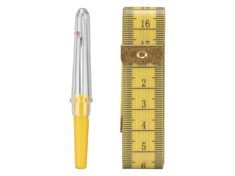 Descosedor amarelo com tampa transparente e fita métrica amarela com números pretos.