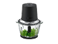 Picador elétrico preto com taça de vidro cheia de salsa fresca.