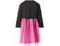 Vestido infantil com corpete preto e saia de tule fúcsia.