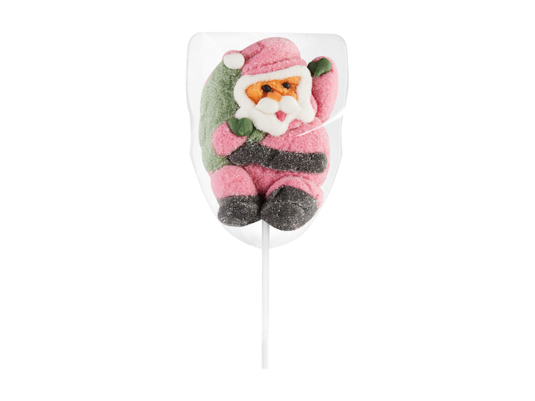 Chupa-chupa de Natal em forma de Pai Natal rosa e verde, embalado individualmente.