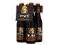 Pack de quatro garrafas de cerveja de abadia escura, 6,5% vol, com um monge a escrever no rótulo.