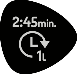 Etiqueta com tempo 2:45 min e 1L com seta circular.