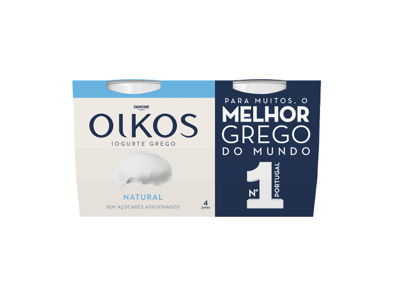 Embalagem de 4 potes de iogurte grego natural sem açúcares adicionados.