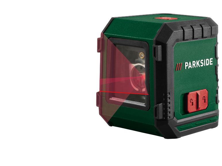 Nível laser de linhas cruzadas verde e preto com feixes laser vermelhos visíveis