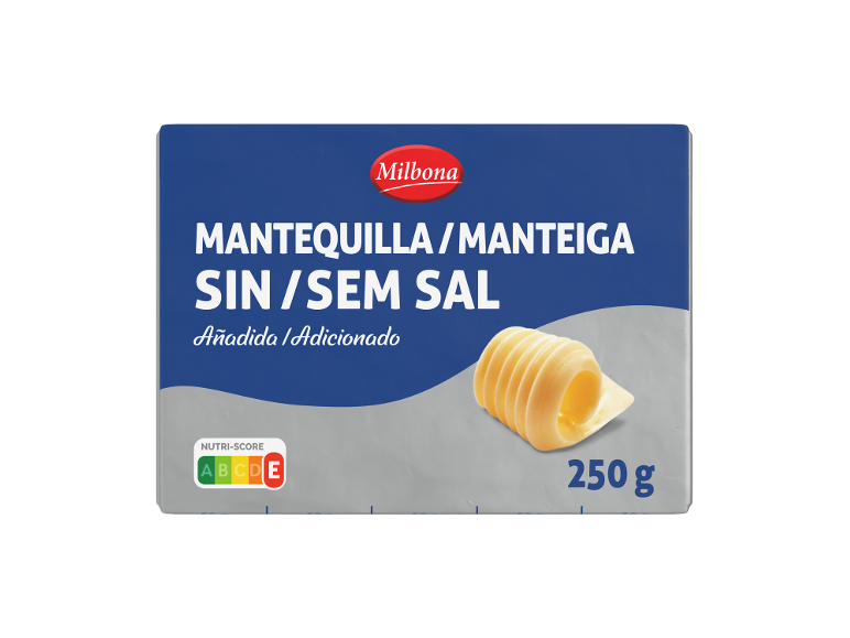 Embalagem de manteiga sem sal, 250g, com Nutri-Score A.