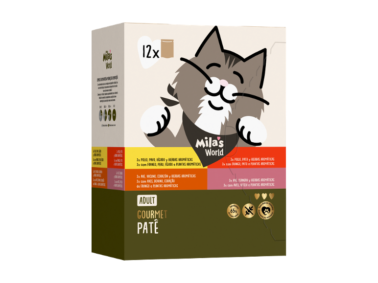 Embalagem de 12 patês gourmet para gatos adultos com sabores de frango, peru, fígado, pato, bovino e vitela.
