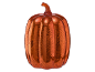 Abóbora decorativa de vidro laranja com efeito cintilante sobre fundo preto.