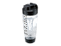 Shaker transparente com tampa e base pretas, com escala de medição e líquido em redemoinho.