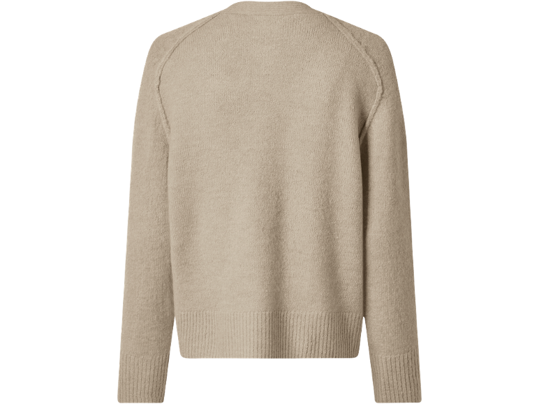 Camisola de malha bege com mangas raglan e bainha canelada.