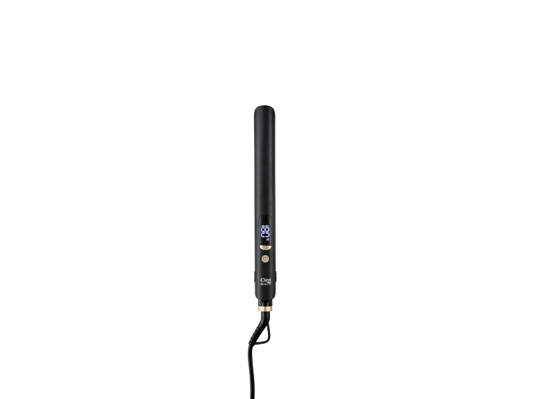 Alisador de cabelo preto com display digital e controlo de temperatura.