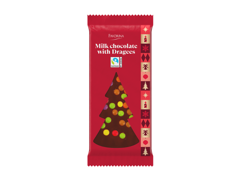 Chocolate de leite Favorina com drageias em embalagem festiva.