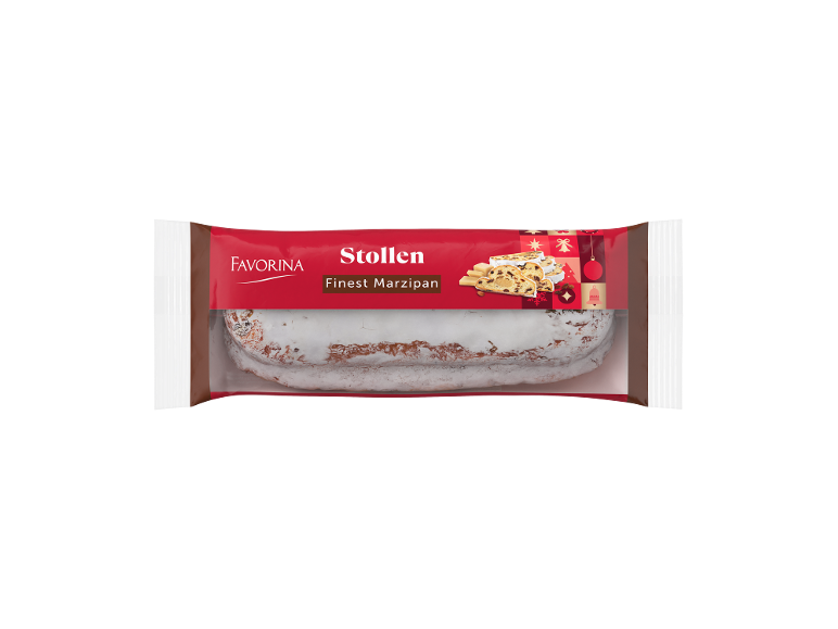 Stollen com maçapão em embalagem, com motivos natalícios.