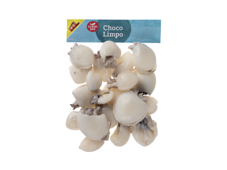 Embalagem de lulas limpas, rotulada 'Choco Limpo' e 1000 g.