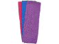 Três panos de microfibra coloridos: rosa, azul e roxo.