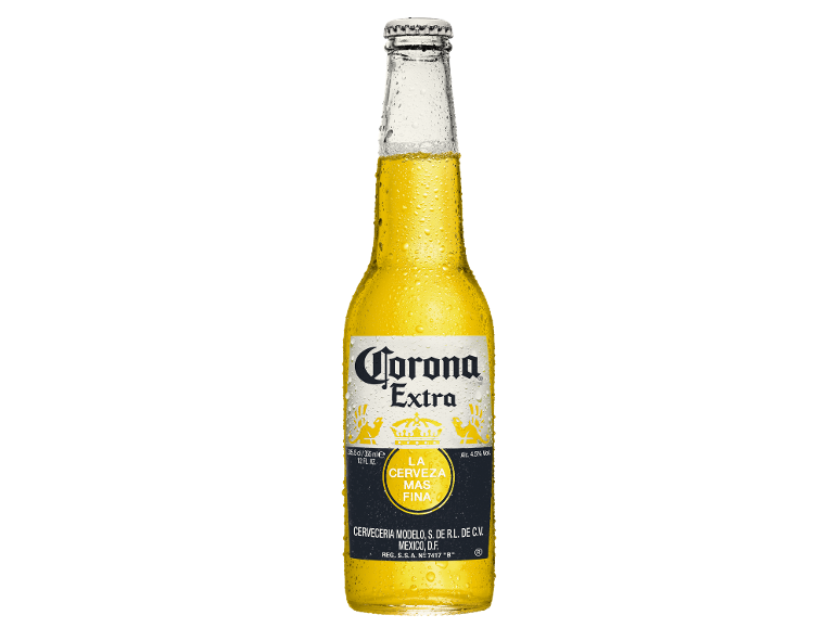 Garrafa de cerveja clara com gotas de água, com rótulo que diz 'LA CERVEZA MAS FINA'.
