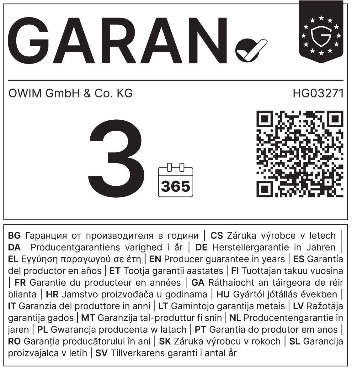 Garantia: 3 anos (365 dias), Fabricante: OWIM GmbH & Co. KG, HG03271
