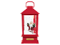 Lanterna de Natal vermelha com um Pai Natal a segurar uma lanterna e uma árvore, com a palavra «CHRISTMAS».