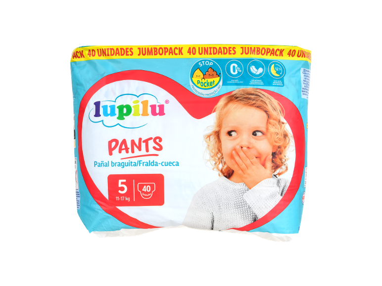 Fraldas-cueca para bebé, tamanho 5 para 11-17 kg, 40 unidades, com 12h de absorção e proteção 360°.