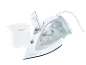 Ferro a vapor branco com jarro de água, tanque de água transparente e cabo.